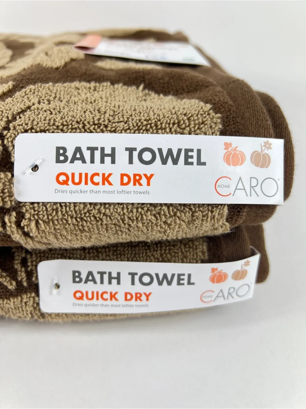 Caro Home Bath Towels Pumpkins Leaves Brown Tan Soft Cotton FALL Decor  2 Pc NEW